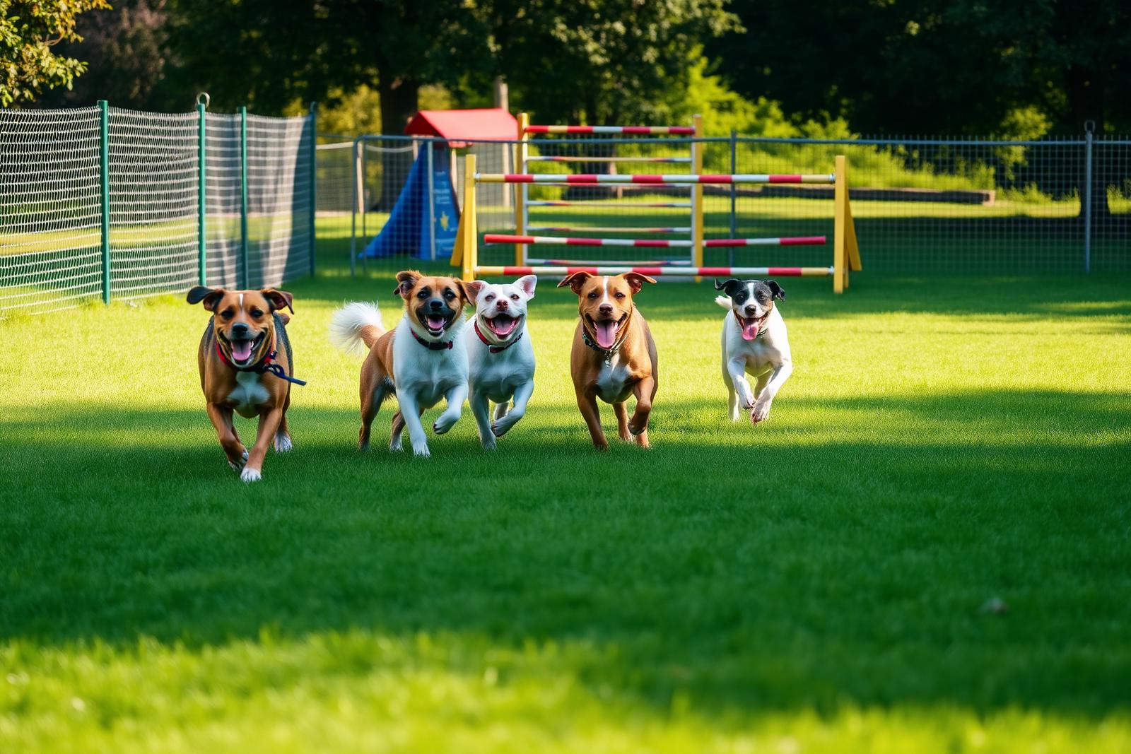 Honden spelen in de omheinde hondenspeeltuin in Pittelo, Assen