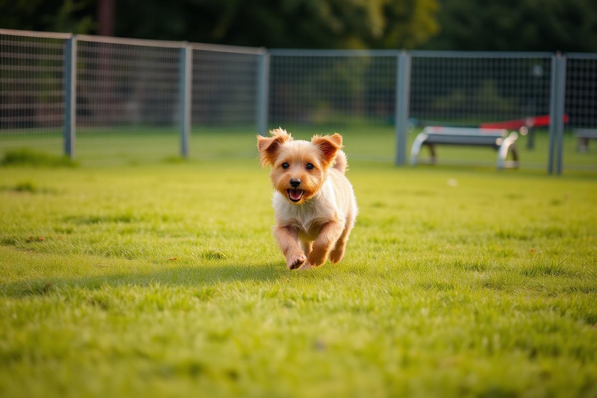 Klein hondje speelt in het aparte veldje voor kleine honden
